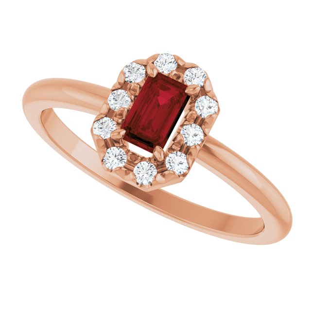 Emerald Mozambique Garnet & Diamond Halo Ring in Rose Gold