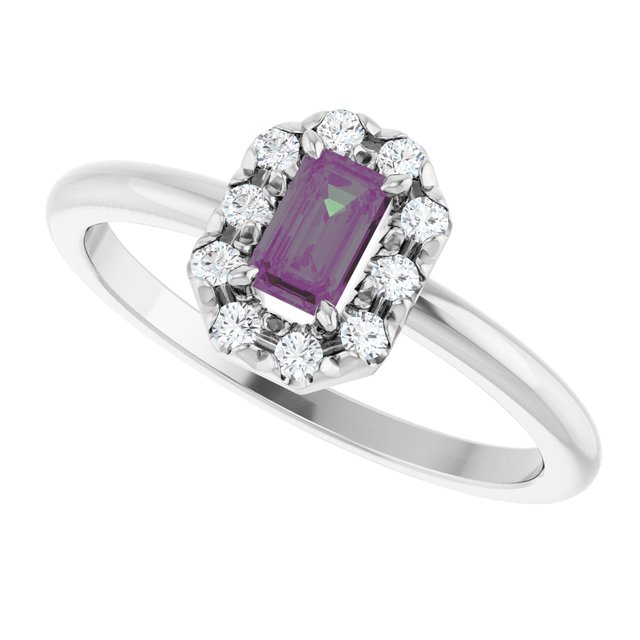 Emerald Lab-Grown Alexandrite & Diamond Halo Ring in Platinum