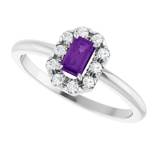 Emerald Amethyst Halo Ring with Diamond Accents in White Gold