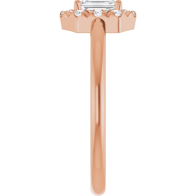 Emerald White Sapphire Halo Ring with Diamond Accents in Rose Gold