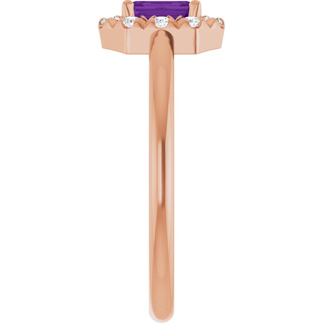 Emerald Amethyst Halo Ring with Diamond Accents in Rose Gold