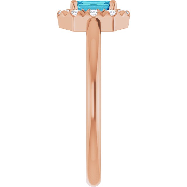 Emerald Blue Zircon Halo Ring with Diamond Accents in Rose Gold