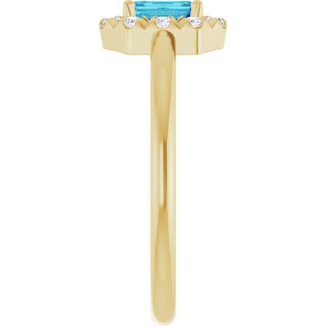 Emerald Blue Zircon Halo Ring with Diamond Accents in Yellow Gold