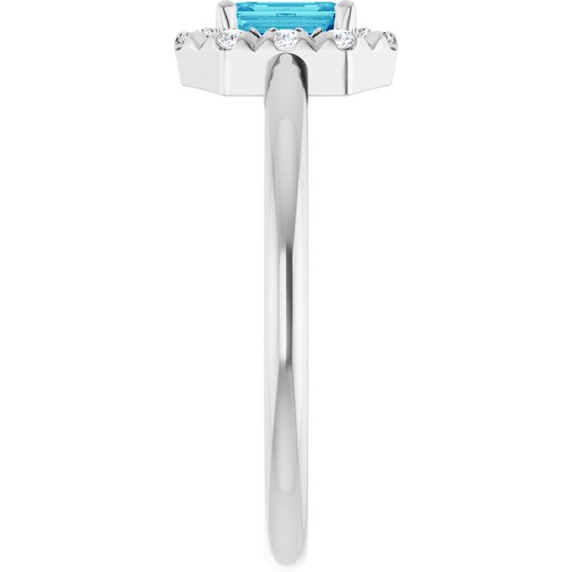 Emerald Blue Zircon Halo Ring with Diamond Accents in Platinum
