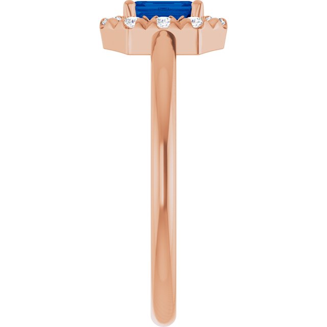 Emerald Blue Sapphire Halo Ring with Diamond Accents in Rose Gold