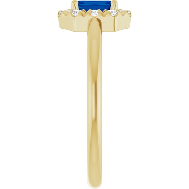 Emerald Blue Sapphire & Diamond Halo Ring in Yellow Gold