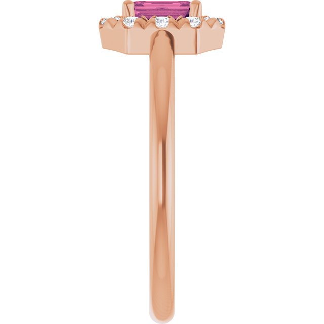 Emerald Pink Tourmaline & Diamond Halo Ring in Rose Gold