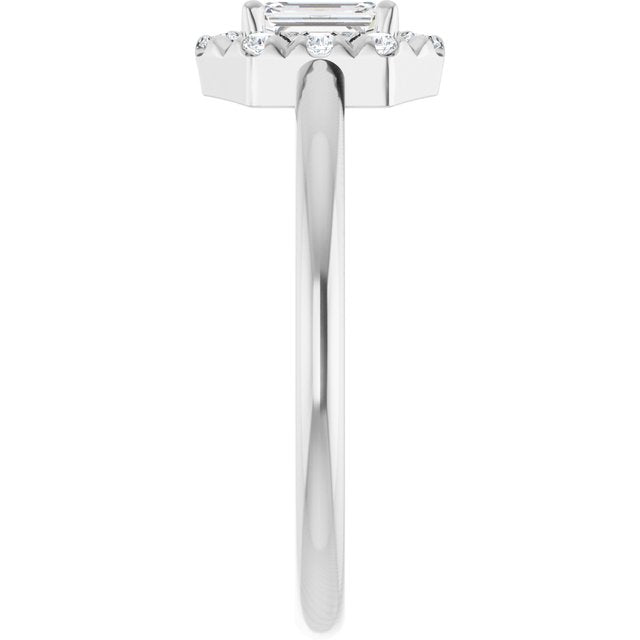 Emerald White Sapphire Halo Ring with Diamond Accents in Platinum