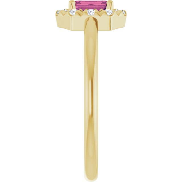 Emerald Pink Tourmaline & Diamond Halo Ring in Yellow Gold