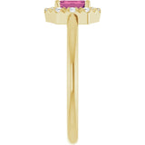 Emerald Pink Tourmaline & Diamond Halo Ring in Yellow Gold