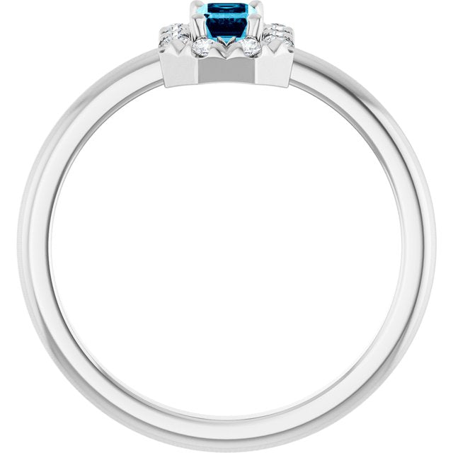 Emerald Aquamarine Halo Ring with Diamond Accents in Platinum