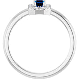 Emerald Blue Sapphire Halo Ring with Diamond Accents in Platinum