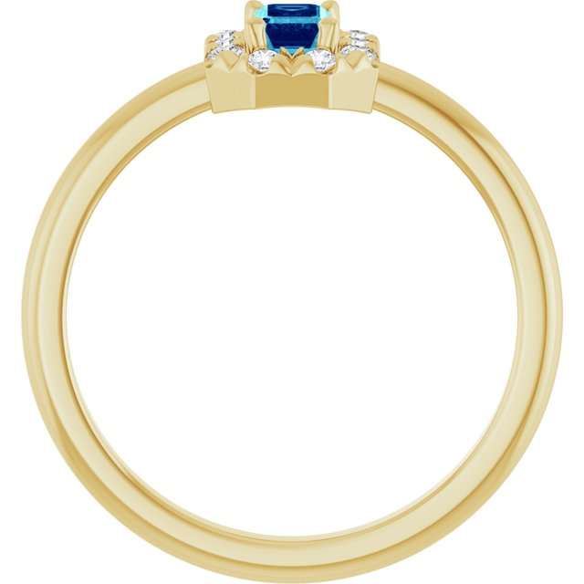 Emerald Blue Zircon Halo Ring with Diamond Accents in Yellow Gold
