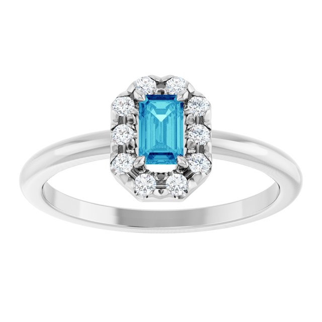 Emerald Blue Zircon Halo Ring with Diamond Accents in White Gold