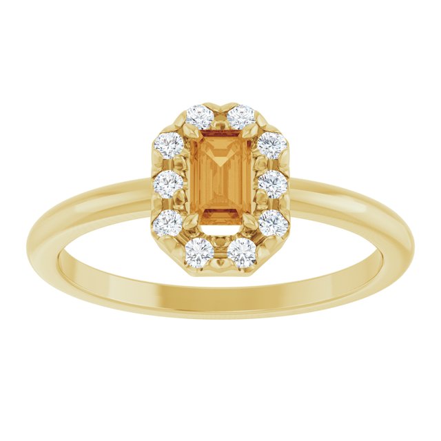 Emerald Citrine Halo Ring with Diamond Accents in Yellow Gold