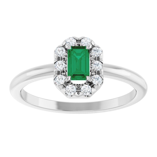 Emerald Lab-Grown Emerald & Diamond Halo Ring in White Gold