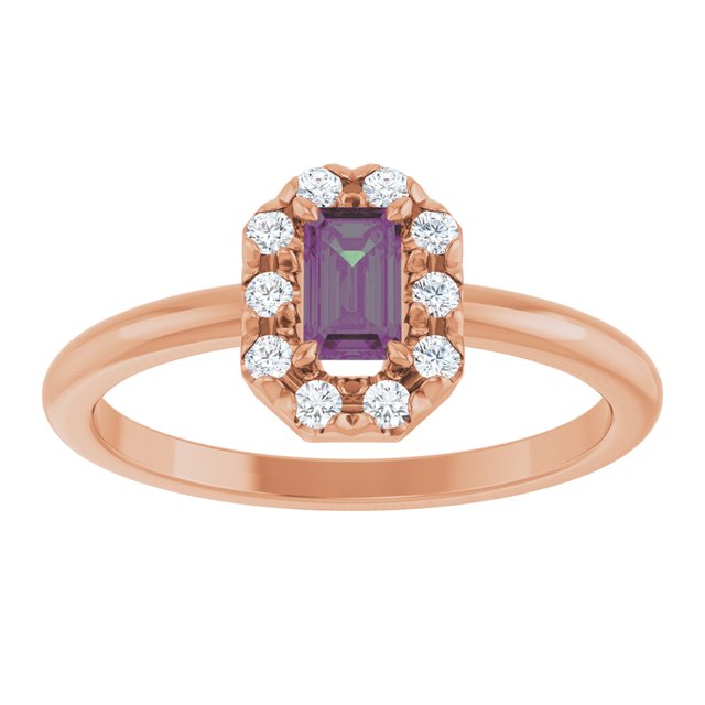 Emerald Lab-Grown Alexandrite & Diamond Halo Ring in Rose Gold