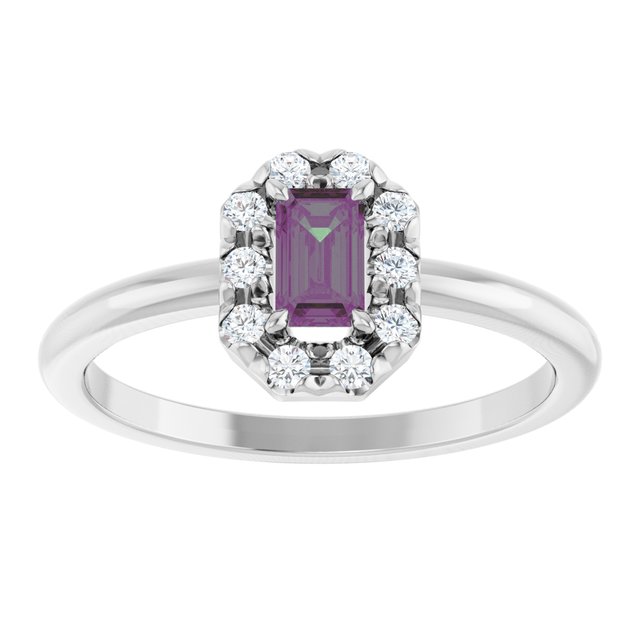 Emerald Lab-Grown Alexandrite & Diamond Halo Ring in Platinum