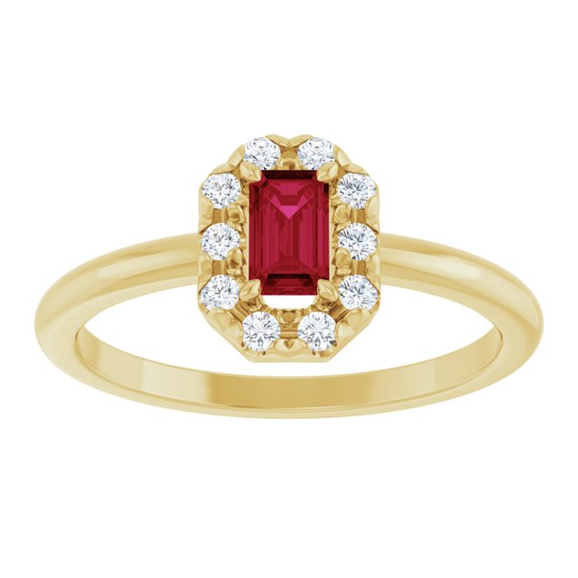 Emerald Ruby Halo Ring with Diamond Accents in Yellow Gold