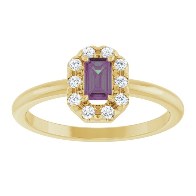 Emerald Lab-Grown Alexandrite & Diamond Halo Ring in Yellow Gold