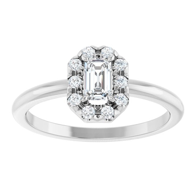 Emerald White Sapphire Halo Ring with Diamond Accents in Platinum