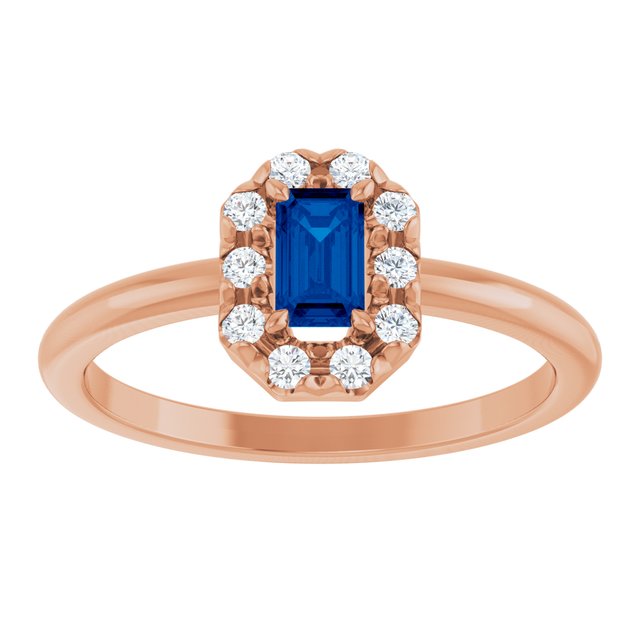 Emerald Blue Sapphire Halo Ring with Diamond Accents in Rose Gold