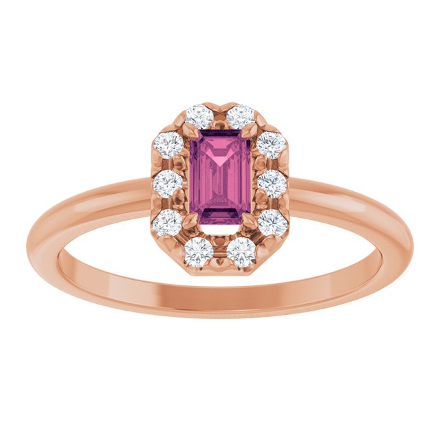 Emerald Pink Tourmaline & Diamond Halo Ring in Rose Gold