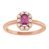 Emerald Pink Tourmaline & Diamond Halo Ring in Rose Gold