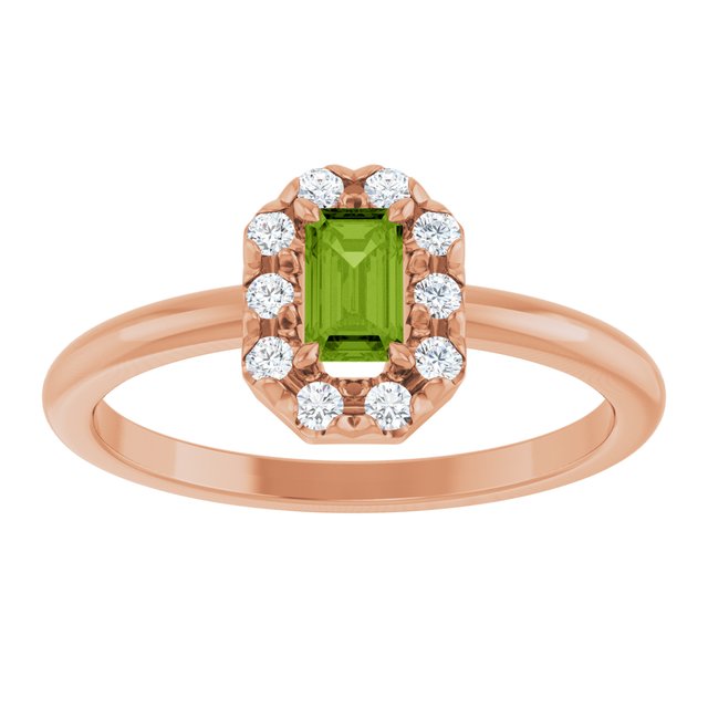 Emerald Peridot Halo Ring with Diamond Accents in Rose Gold