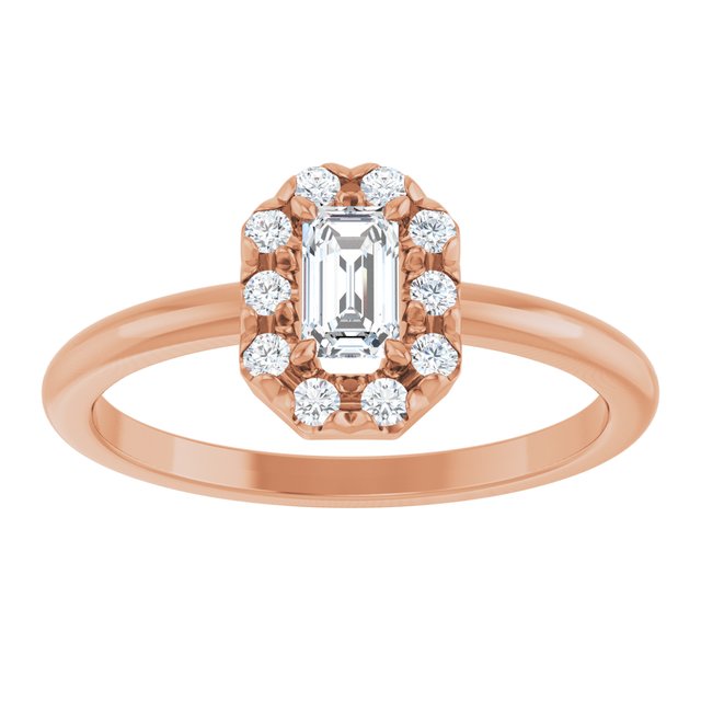 Emerald White Sapphire Halo Ring with Diamond Accents in Rose Gold