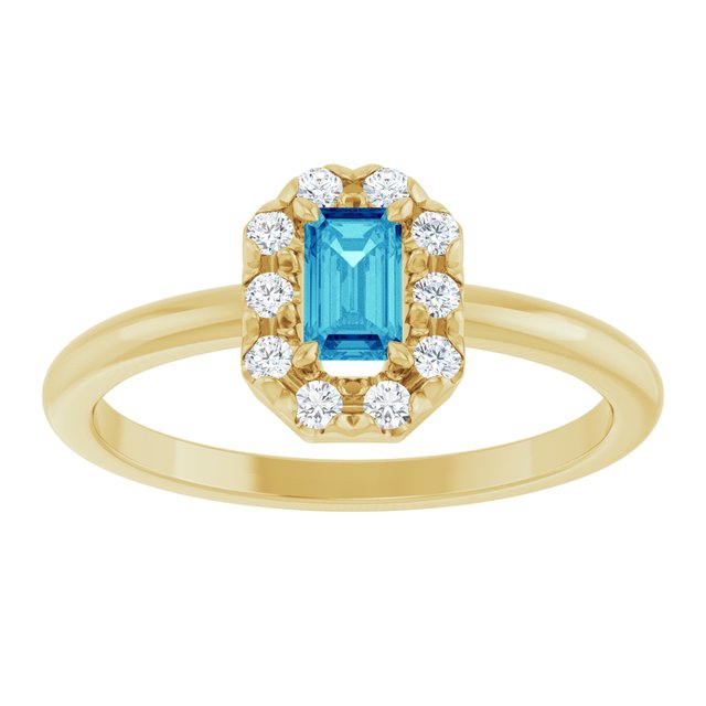 Emerald Blue Zircon Halo Ring with Diamond Accents in Yellow Gold