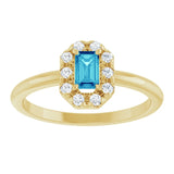 Emerald Blue Zircon Halo Ring with Diamond Accents in Yellow Gold