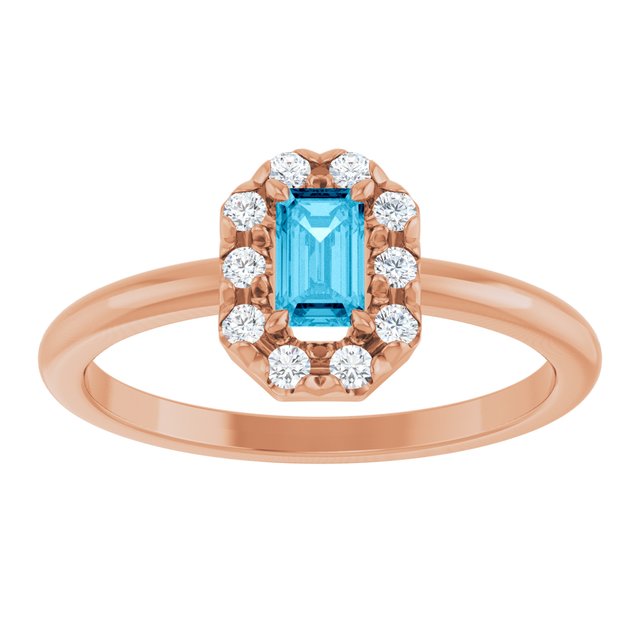 Emerald Aquamarine Halo Ring with Diamond Accents in Rose Gold