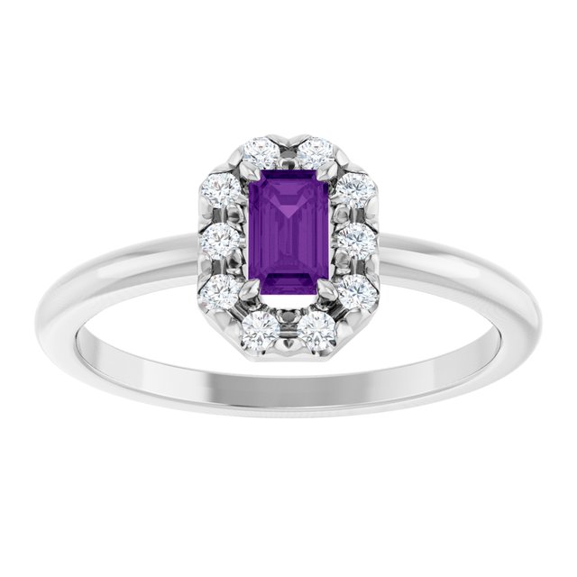 Emerald Amethyst Halo Ring with Diamond Accents in White Gold