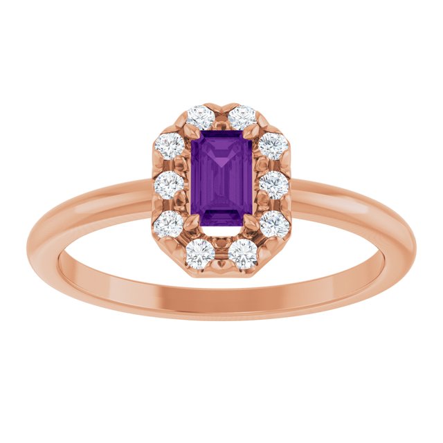 Emerald Amethyst Halo Ring with Diamond Accents in Rose Gold