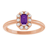 Emerald Amethyst Halo Ring with Diamond Accents in Rose Gold