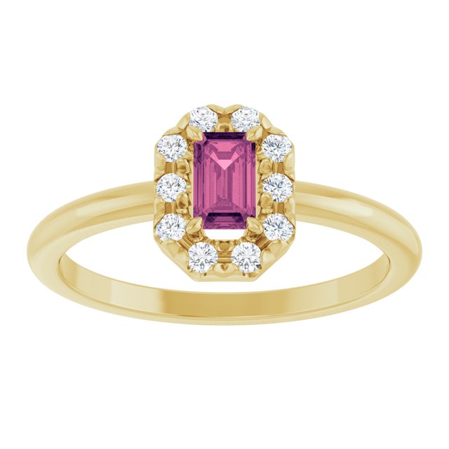 Emerald Pink Tourmaline & Diamond Halo Ring in Yellow Gold