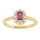 Emerald Pink Tourmaline & Diamond Halo Ring in Yellow Gold