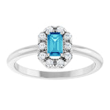 Emerald Blue Zircon Halo Ring with Diamond Accents in Platinum