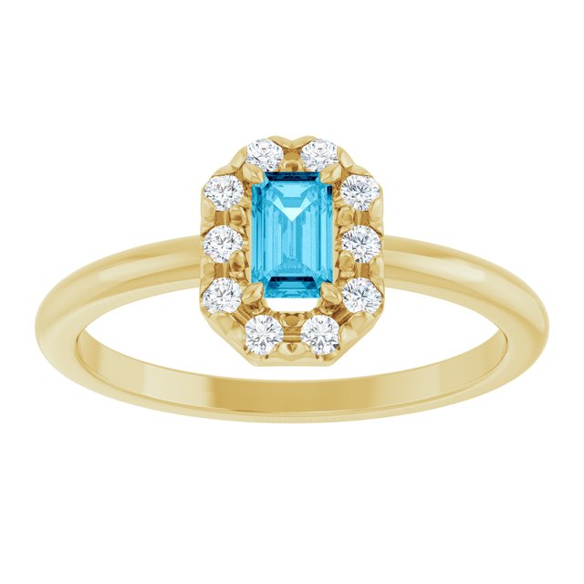 Emerald Aquamarine Halo Ring with Diamond Accents in Yellow Gold