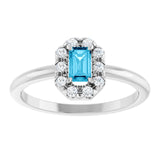 Emerald Aquamarine Halo Ring with Diamond Accents in White Gold