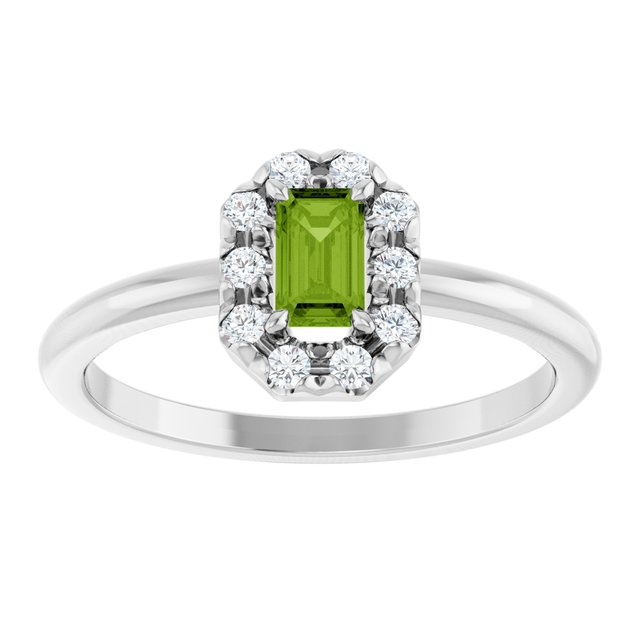 Emerald Peridot Halo Ring with Diamond Accents in White Gold