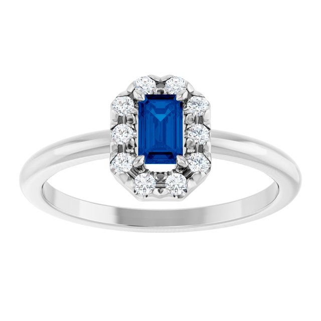 Emerald Blue Sapphire Halo Ring with Diamond Accents in Platinum