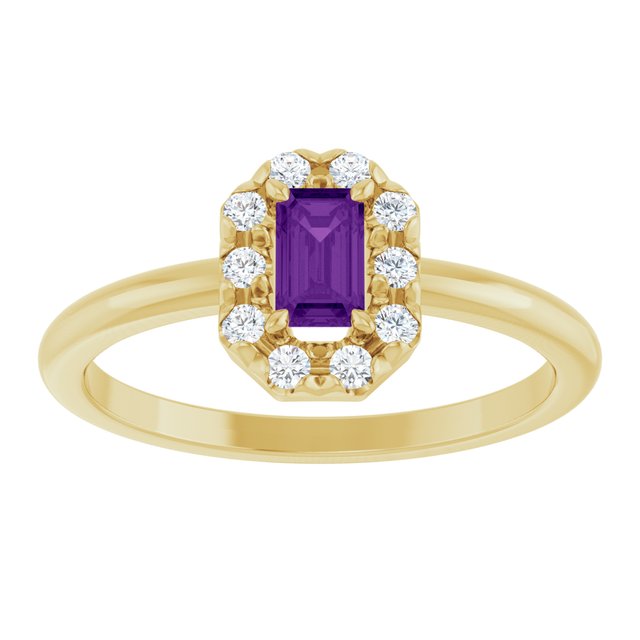 Emerald Amethyst Halo Ring with Diamond Accents in Yellow Gold