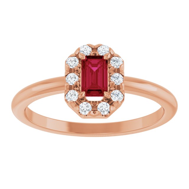 Emerald Lab-Grown Ruby Halo Ring with Diamond Accents in Rose Gold