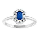 Emerald Lab-Grown Blue Sapphire & Diamond Halo Ring in White Gold