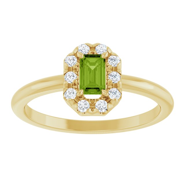 Emerald Peridot Halo Ring with Diamond Accents in Yellow Gold