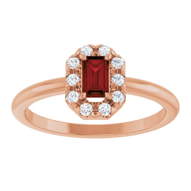 Emerald Mozambique Garnet & Diamond Halo Ring in Rose Gold