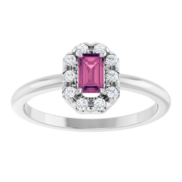 Emerald Pink Tourmaline & Diamond Halo Ring in Gold and Platinum