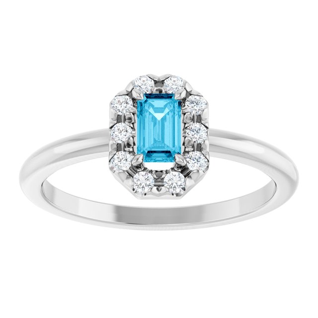 Emerald Aquamarine Halo Ring with Diamond Accents in Platinum
